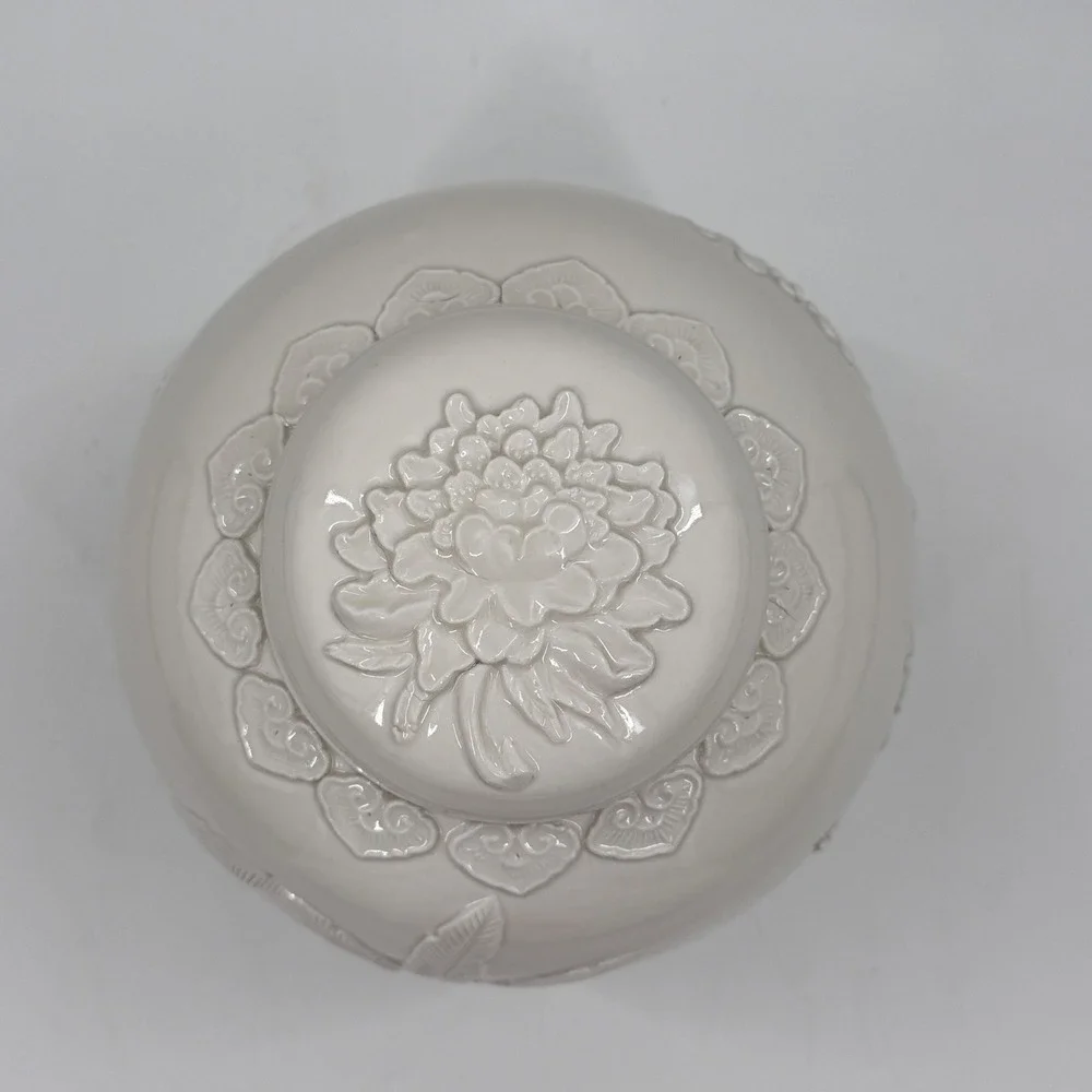 White Relief Porcelain Ginger Jar Rooster Floral Botanical Blanc de Chine